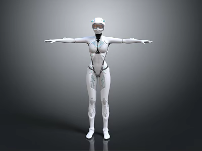 White Robot With Mechanical Structure Helmet And Arms Outstretched Standing On Gray Background 3d model