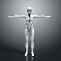 White Robot With Mechanical Structure Helmet And Arms Outstretched Standing On Gray Background
