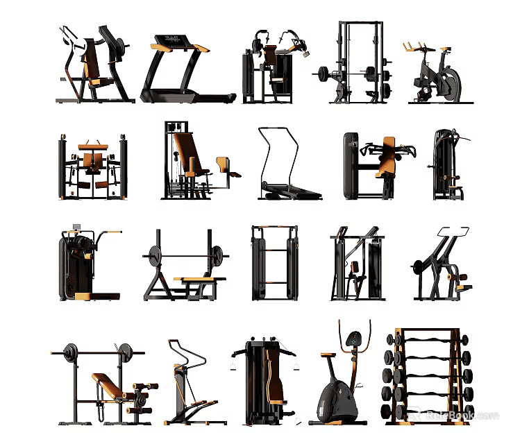 Essential Home Gym Fitness Equipment Including Treadmills Dumbbells Benches And Exercise Machines 3d model 