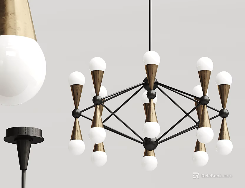 Modern Chandelier With White Spherical Shades Black Metal Frame And Golden Accents 3d model 