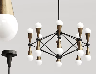 Modern Chandelier With White Spherical Shades Black Metal Frame And Golden Accents 3d model