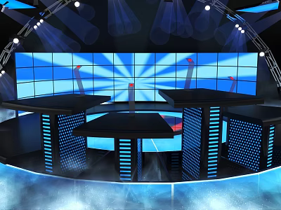 Modern Stage Setup With Blue Lighting Large LED Screen And Black Platforms 3d model