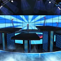 Modern Stage Setup With Blue Lighting Large LED Screen And Black Platforms