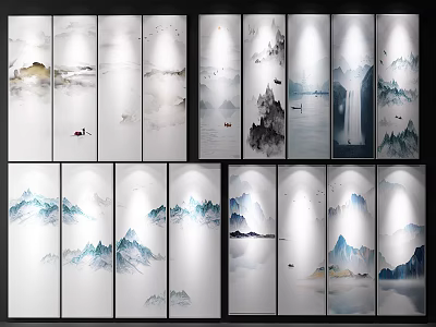 Ink Wash Style Landscape Paintings With Mountains Mist Boats And Waterfalls On Multiple Panels 3d model