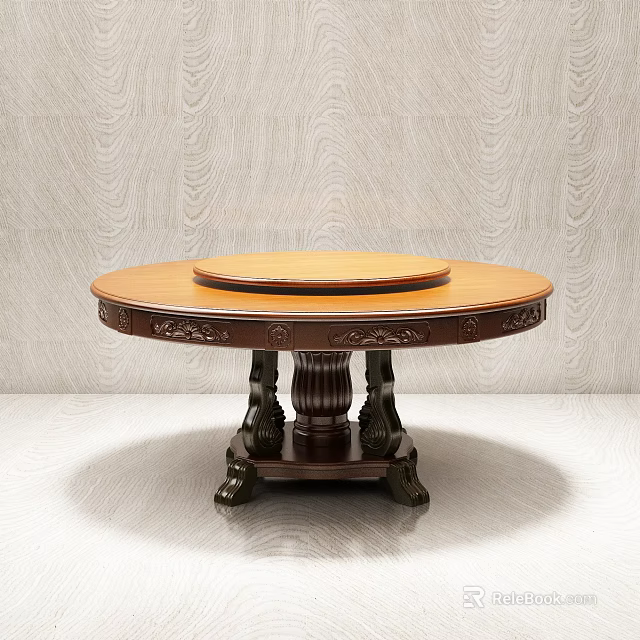 Round Wooden Dining Table With Carved Ornate Base And Smooth Surface 3d model 