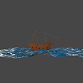 Wooden Pirate Ship With Blue Sails And Skull Emblem On Water Surface