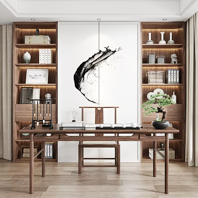 Traditional Chinese Style Wooden Desk Interior With Wall Ink Painting Bookshelves And Decorative Items 3d model