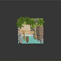 Cartoon Scene Featuring Thatched Hut Palm Trees Sand Beach And Small Boat On Water