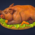 Roasted Pig Figurine Lying on Wooden Platter with Fresh Carrots and Lettuce