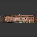 Industrial Building Model With Rusted Metal Frames Damaged Roof And Green Plants
