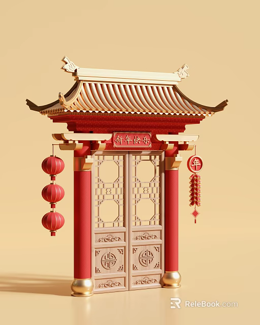 Chinese Style New Year Event Gateway With Traditional Roof Red Lanterns And Decorations 3d model 
