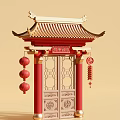 Chinese Style New Year Event Gateway With Traditional Roof Red Lanterns And Decorations