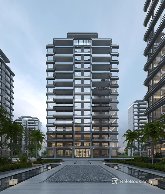 Modern High Rise Residential Building With Glass Gray Structure Multiple Balconies And Palm Trees 3d model 