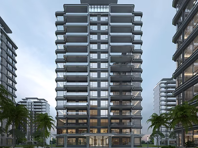 Modern High Rise Residential Building With Glass Gray Structure Multiple Balconies And Palm Trees 3d model
