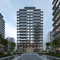 Modern High Rise Residential Building With Glass Gray Structure Multiple Balconies And Palm Trees