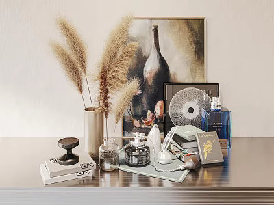 Stylish Decorative Ornament Set With Pampas Grass Vase Bottles Books And Artwork 3d model