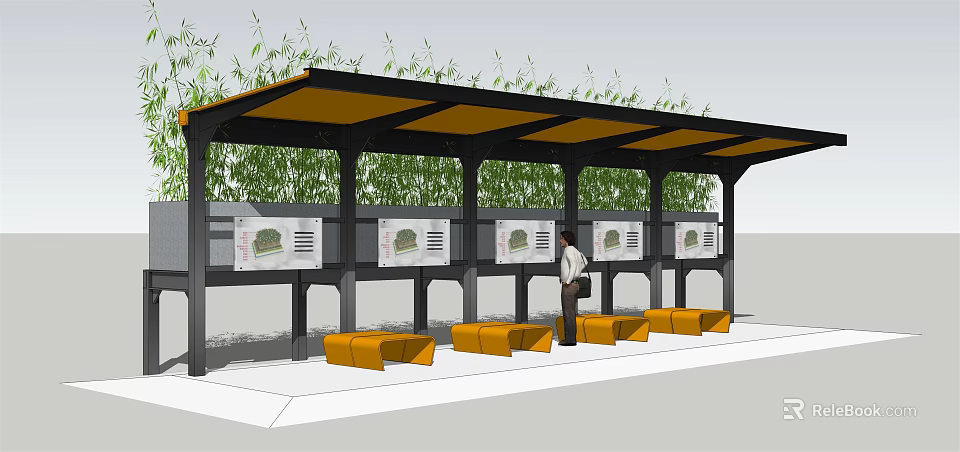 Garden Landscape Design With Covered Structure Display Boards Yellow Benches And Green Plants 3d model 