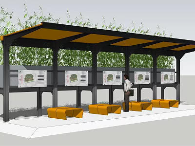 Garden Landscape Design With Covered Structure Display Boards Yellow Benches And Green Plants 3d model