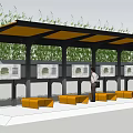 Garden Landscape Design With Covered Structure Display Boards Yellow Benches And Green Plants