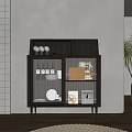 Modern Sideboard With Glass Doors Storing Dinnerware Glasses Near Gray Wall Grid Pattern And Plant