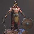 Warrior Character With Helmet Red Cape Sword And Shield On Stone Base 3d model