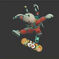 Game Movie Character in Red Outfit Carrying Swords Riding Graphic Skateboard Jumping Pose