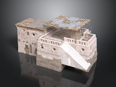 Traditional Ancient Building Model With Stone Walls Wooden Roof Staircase And Terrace 3d model