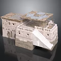 Traditional Ancient Building Model With Stone Walls Wooden Roof Staircase And Terrace