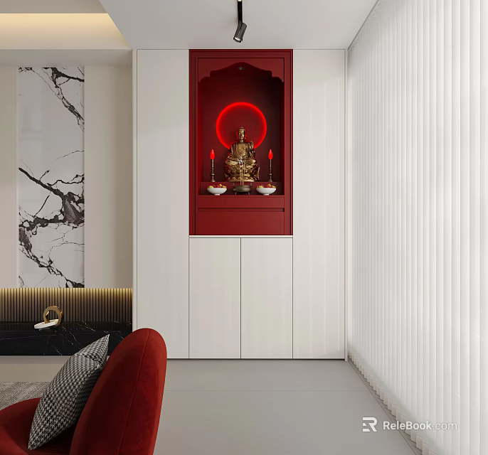 Red And White Buddhist Shrine Cabinet With Buddha Statue Candlesticks In Modern Interior Design 3d model 