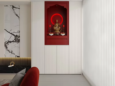 Red And White Buddhist Shrine Cabinet With Buddha Statue Candlesticks In Modern Interior Design 3d model