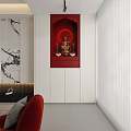 Red And White Buddhist Shrine Cabinet With Buddha Statue Candlesticks In Modern Interior Design