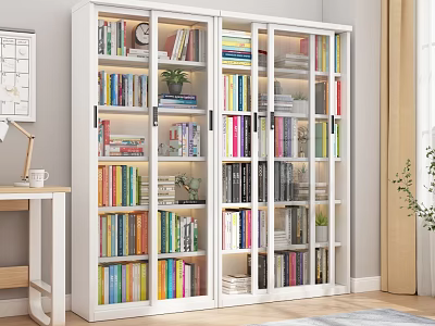 White Glass Doors Bookcase With Built-in Lighting Modern Design Multiple Shelves And Books 3d model