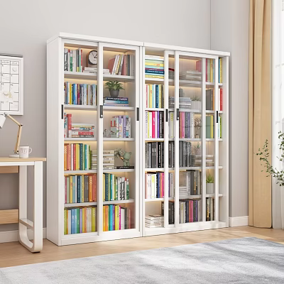White Glass Doors Bookcase With Built-in Lighting Modern Design Multiple Shelves And Books 3d model