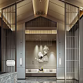 Elegant Modern Hotel Lobby Interior With Decorative Grilles Wall Sculpture And Ceiling Lighting Design