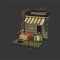 Cartoon Cottage Scene With Striped Awning Chimney Tables Chairs And Stone Pavement