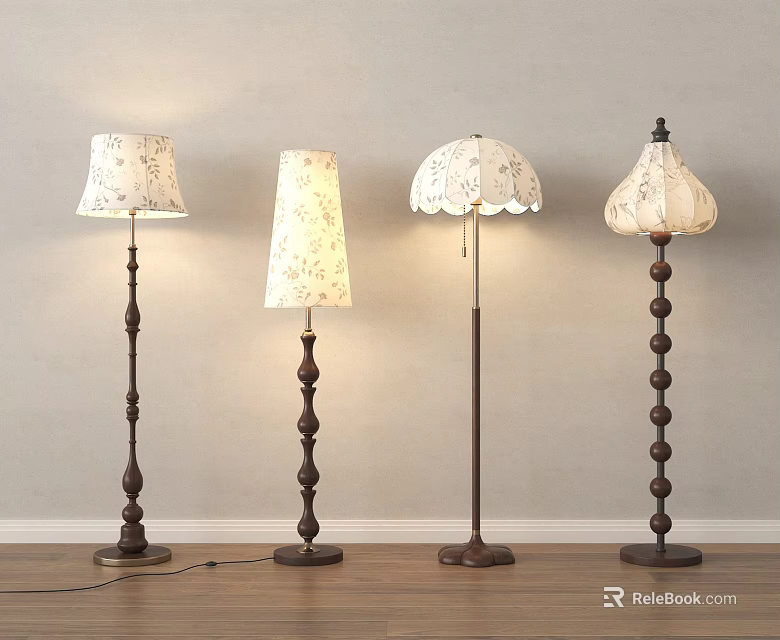 Various Designed Floor Lamps With Patterned Shades And Beaded Brown Lamp Posts 3d model 