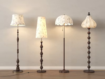 Various Designed Floor Lamps With Patterned Shades And Beaded Brown Lamp Posts 3d model
