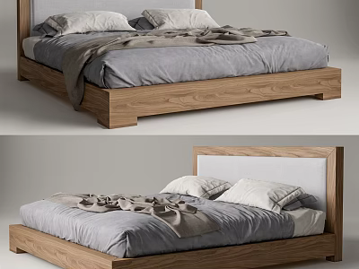 Modern Double Bed With Wooden Frame And Gray Bedding And Pillows 3d model