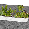 White Marble Rectangular Flower Planter With Green Leaves Purple Foliage And Metal Decoration Outdoor
