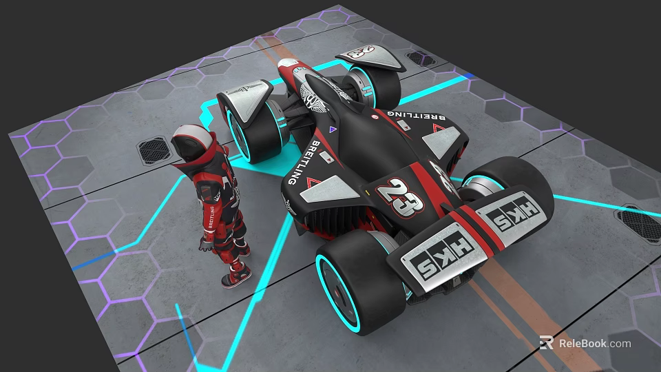 Game Character In Red Black Suit Standing By Futuristic Racing Car With Number 23 3d model 