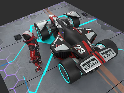 Game Character In Red Black Suit Standing By Futuristic Racing Car With Number 23 3d model