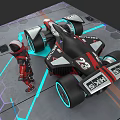 Game Character In Red Black Suit Standing By Futuristic Racing Car With Number 23