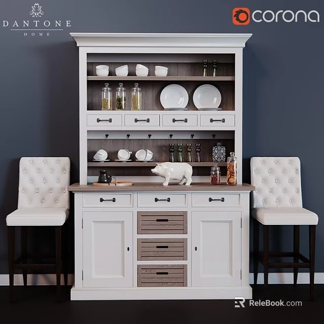 White Storage Cabinet With Shelves Drawers And Dishes Cups Jars Near Tufted Chairs 3d model 