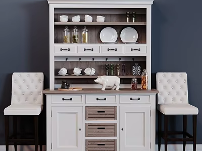 White Storage Cabinet With Shelves Drawers And Dishes Cups Jars Near Tufted Chairs 3d model