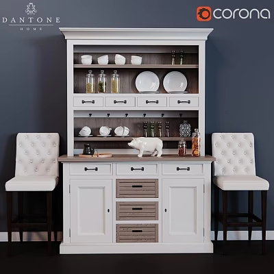 White Storage Cabinet With Shelves Drawers And Dishes Cups Jars Near Tufted Chairs 3d model