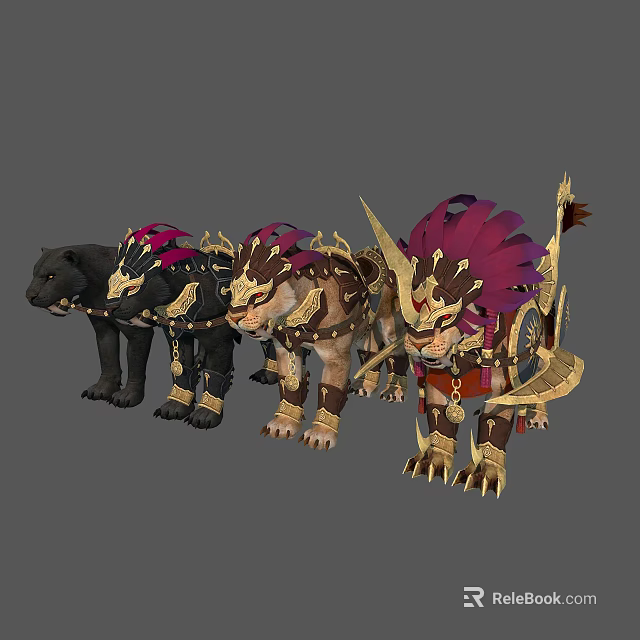 Fantasy Characters And Their Decorated Lion Like Creatures With Gold Red Ornaments And Feathers 3d model 