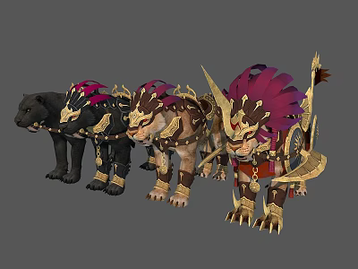 Fantasy Characters And Their Decorated Lion Like Creatures With Gold Red Ornaments And Feathers 3d model