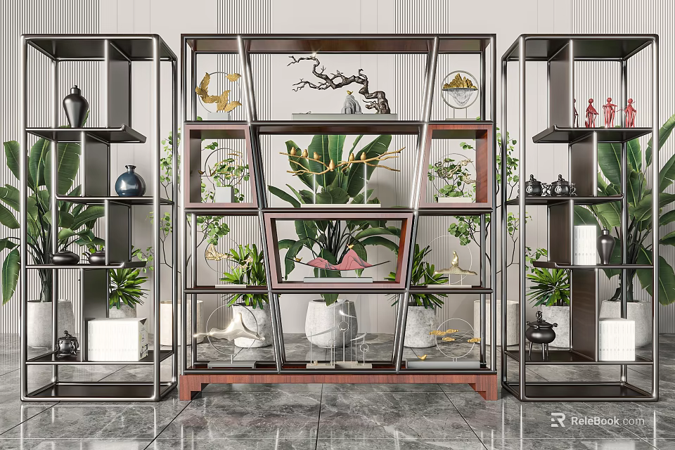 Modern Chinese Style Bookcase With Glass Shelves Green Plants And Decorative Ornaments 3d model 