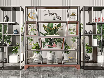 Modern Chinese Style Bookcase With Glass Shelves Green Plants And Decorative Ornaments 3d model