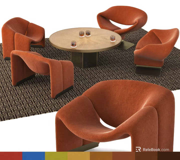 Modern Curved Design Round Table With Orange Chairs On Geometric Pattern Rug 3d model